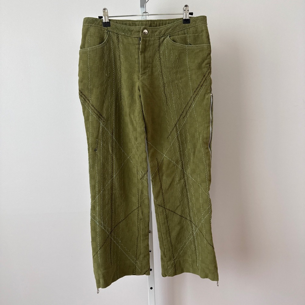 VTG Boho M‎ Green Textured Pants Contrast Stitch Shabby Festival Twee Side Zip